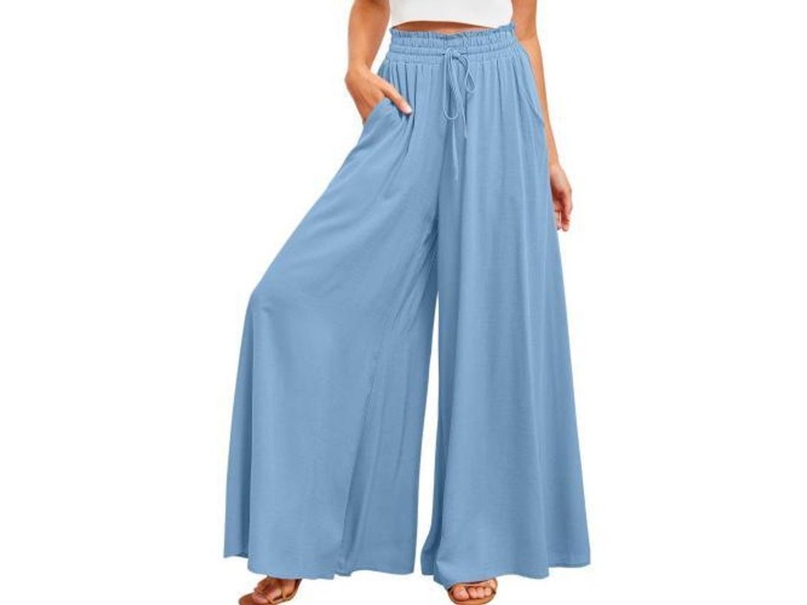 2026 pantalones para Mujer Casual de Cintura Elástica Con Bolsillos Y Pierna Ancha M Azul