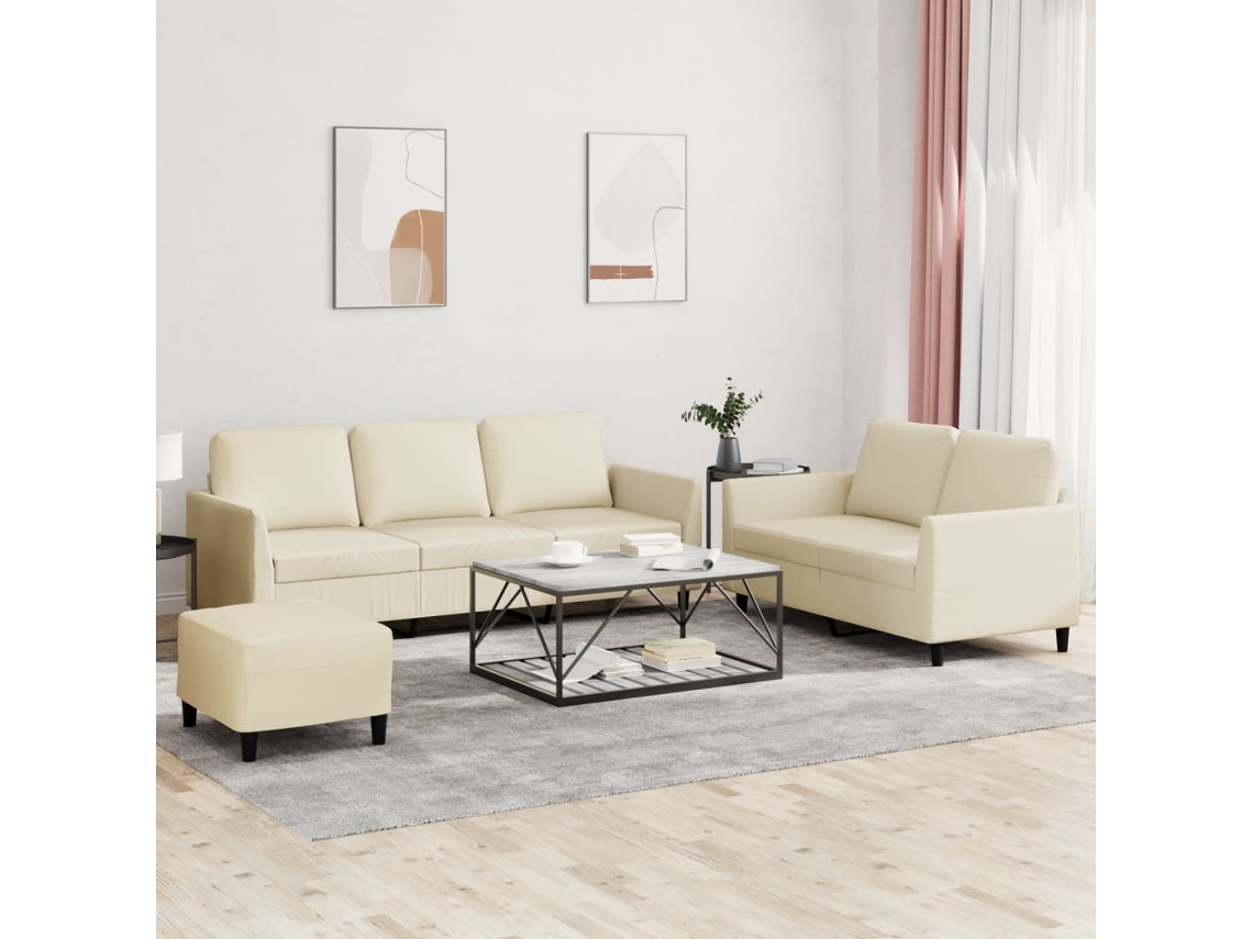 Vidaxl 3 Pcs Conjunto Sofás C/ Almofadões Couro Artificial Cor Creme