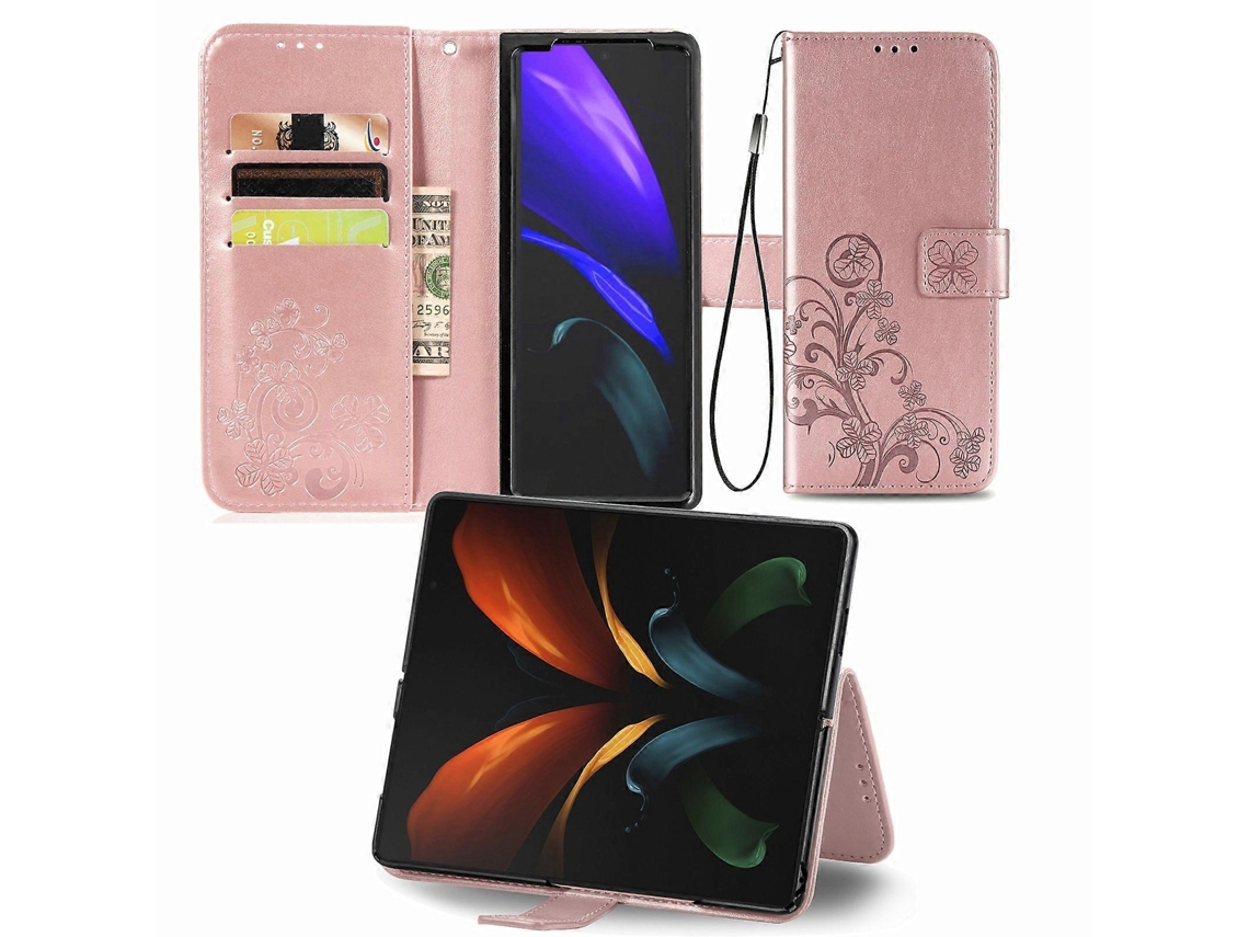 Capa De Couro Para Proteção De Celular Samsung Galaxy Z Fold2 Com Fecho De Quatro Folhas E Fivela Em Relevo, Com Cordão, Compartimento Para Cartão, Ca