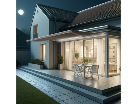 Toldo Coffre Hevoa Branco 6,00x3,50 Motorizado com socorro telecomando e LED - Tela Taupe