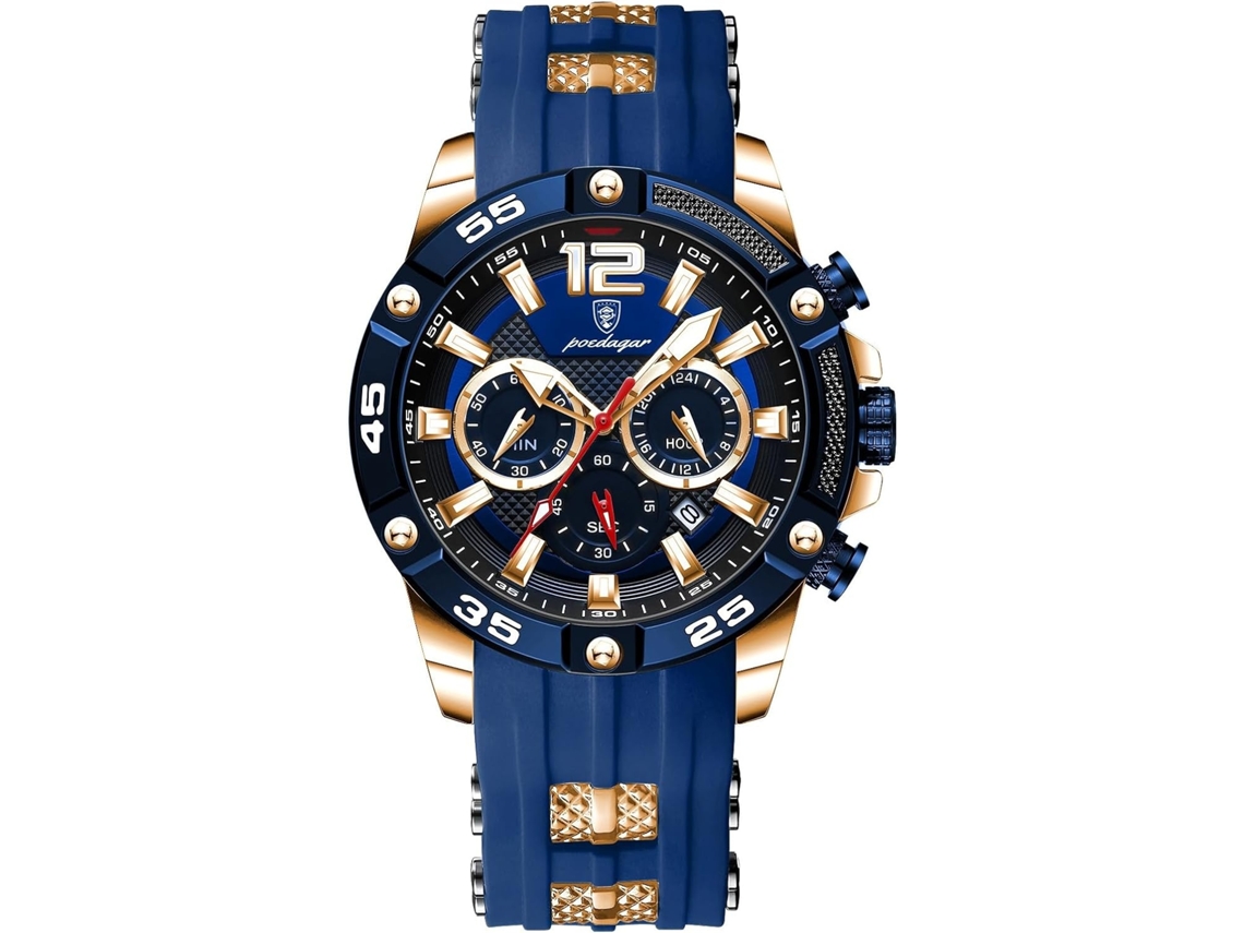 Lurelia Relógio Cronógrafo Masculino, Movimento De Quartzo, Luminoso, Pele, Silicone, Resistente À Água 30m, Azul