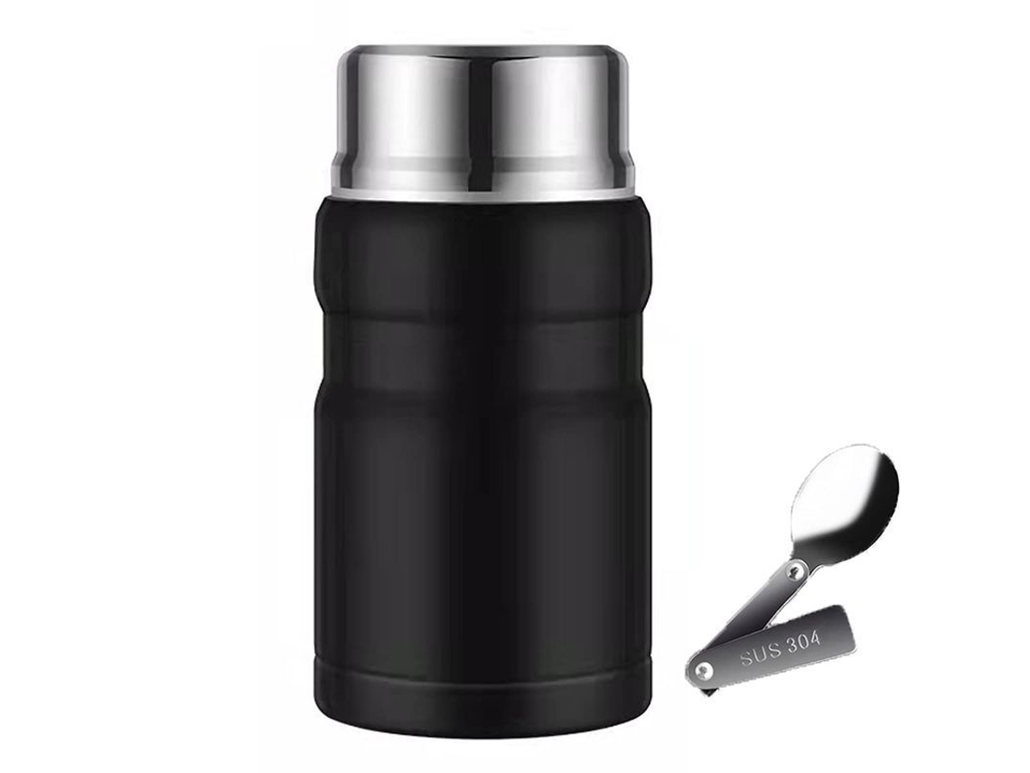 Caneca térmica Rebe-304 em aço inoxidável com tampa dupla e colher dobrável, preta.