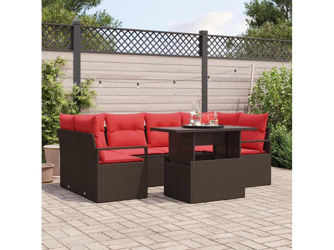 Vidaxl Conjunto De Sofá De Jardim 7 Pcs Castanho E Vermelho Vime Pe