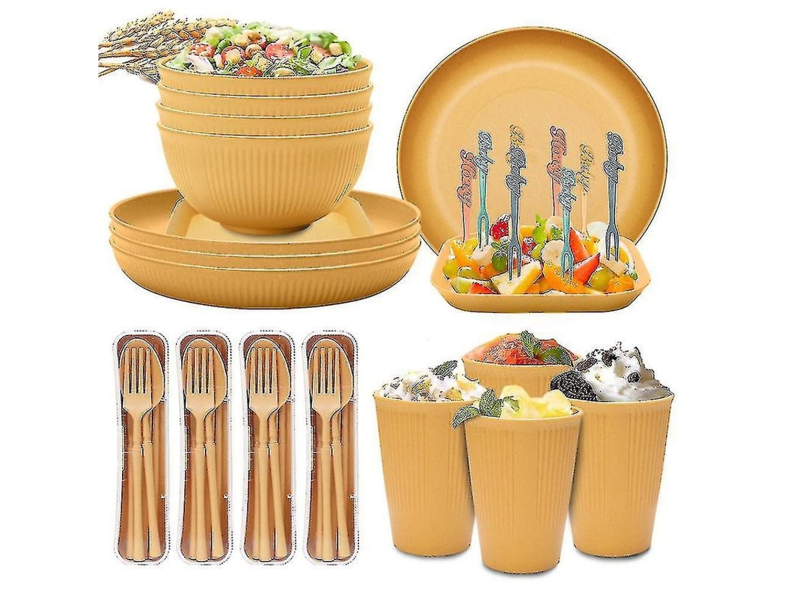 Conjunto De Utensílios De Mesa Leve 48 Peças Para 4 Pessoas Camping Picnic Material Palha De Trigo Amarelo