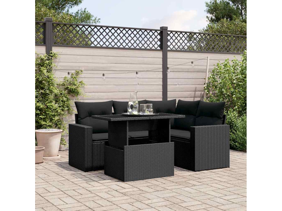 Vidaxl 5 Pcs Conjunto Sofás De Jardim Com Almofadões Vime Pe Preto