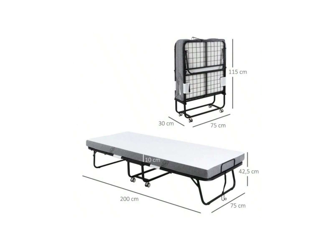 Cama De Visitas Desmontável Com Rodas, Aço Espuma, Branco Preto, 200x75x42,5cm