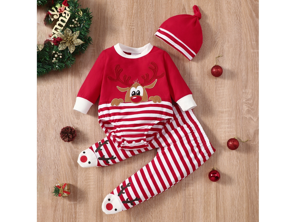Roupas de Natal Elk Listrado Terno de Manga Comprida Bebê Engatinhando Conjunto de Três Peças 0-3M