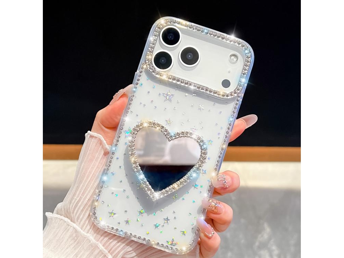 Capa Para Iphone 17 Pro Com Espelho Brilhante De Diamante E Recorte Em Forma De Coração.