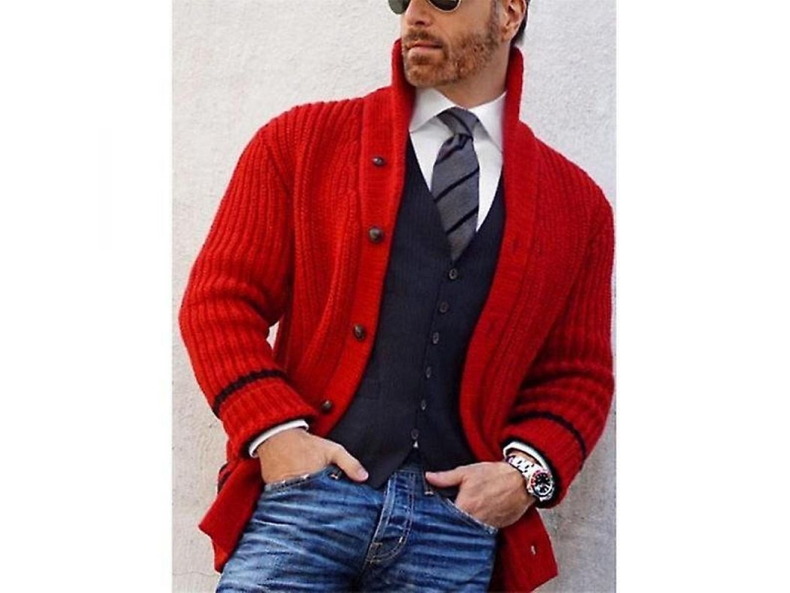 Suéter masculino casual de outono 2026 com botões e gola alta, tamanho XXL, vermelho.
