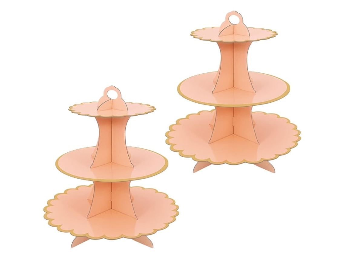 Conjunto De 2 Suportes Papelão Rosa Para Bolo, Suporte 3 Andares Cupcakes, Sobremesas, Torre Redonda, Bolo