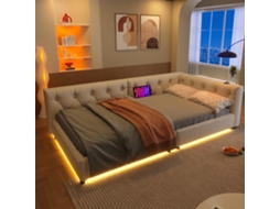 Sofá Cama 90x200cm Lino Bege Com Iluminação Ambiente Usb+tipo-c