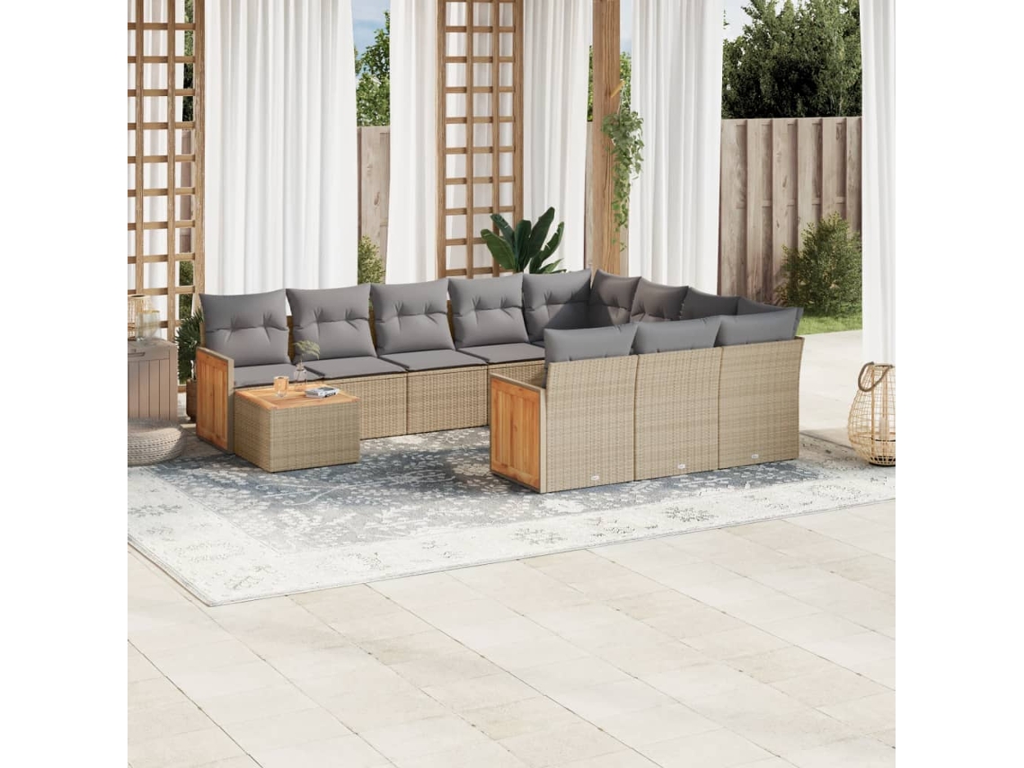 Vidaxl 11 Pcs Conjunto Sofás De Jardim C/ Almofadões Vime Pe Bege