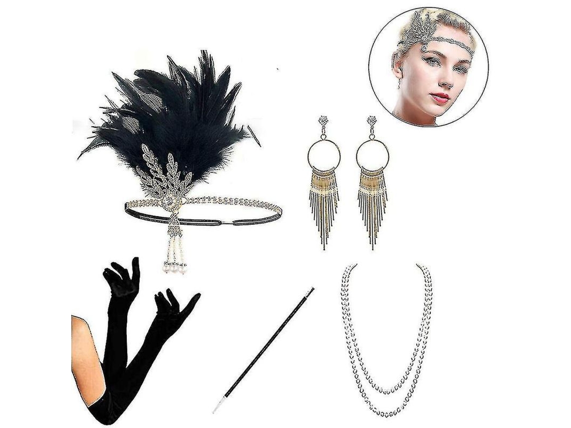 Conjunto De Acessórios Vintage Anos 20 Gatsby: Tiara, Luvas De Seda, Colar De Pérolas E Bastão Plástico Estilo 2