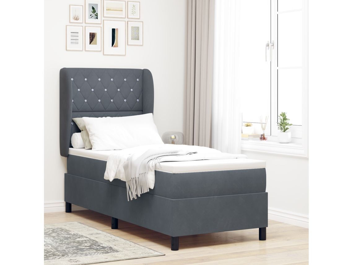 Cama Box Spring Com Colchão Cinza Escuro 80x200 Cm Veludo