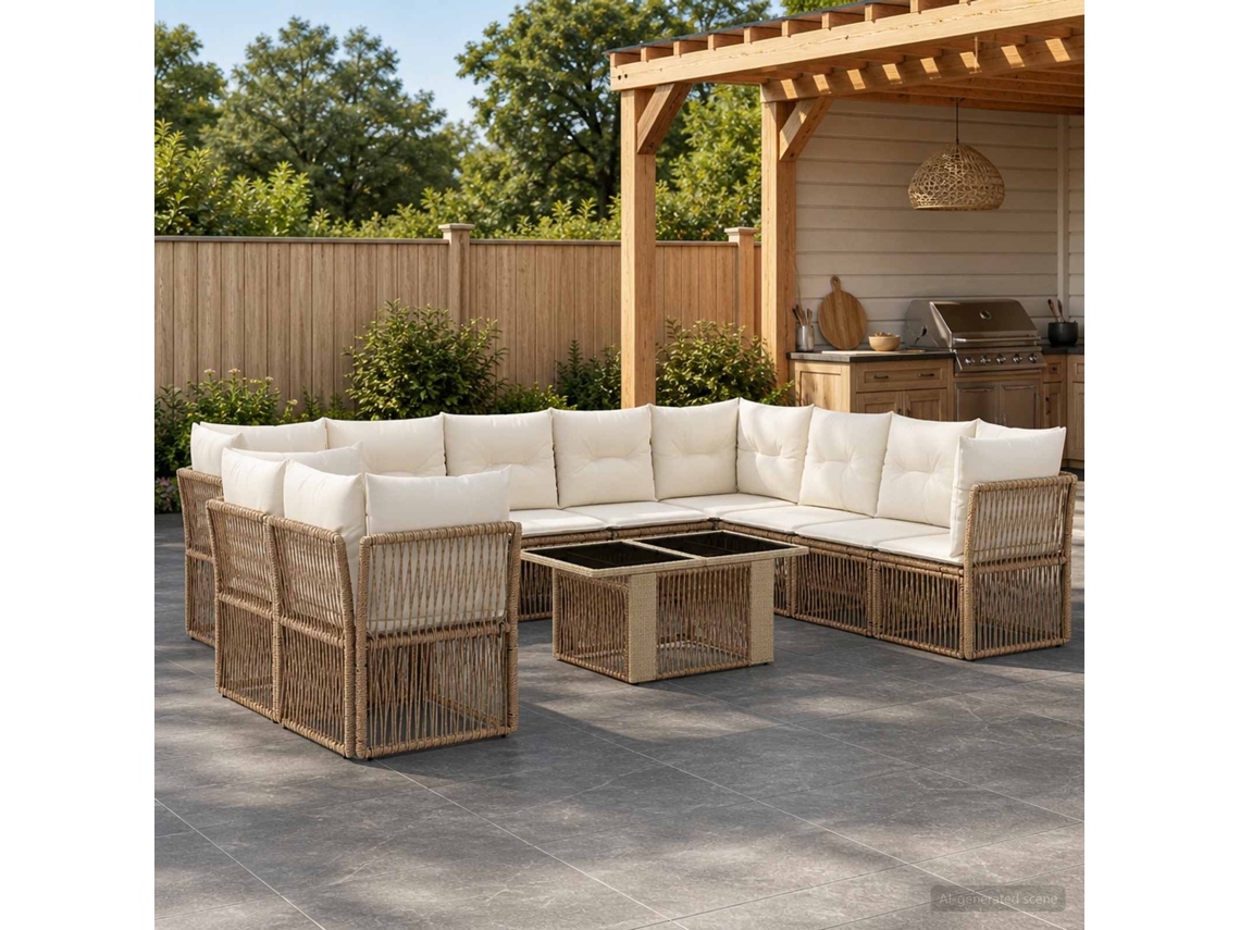 Vidaxl Conjunto De Sofá De Jardim 11 Unid. Bege Vime Pe
