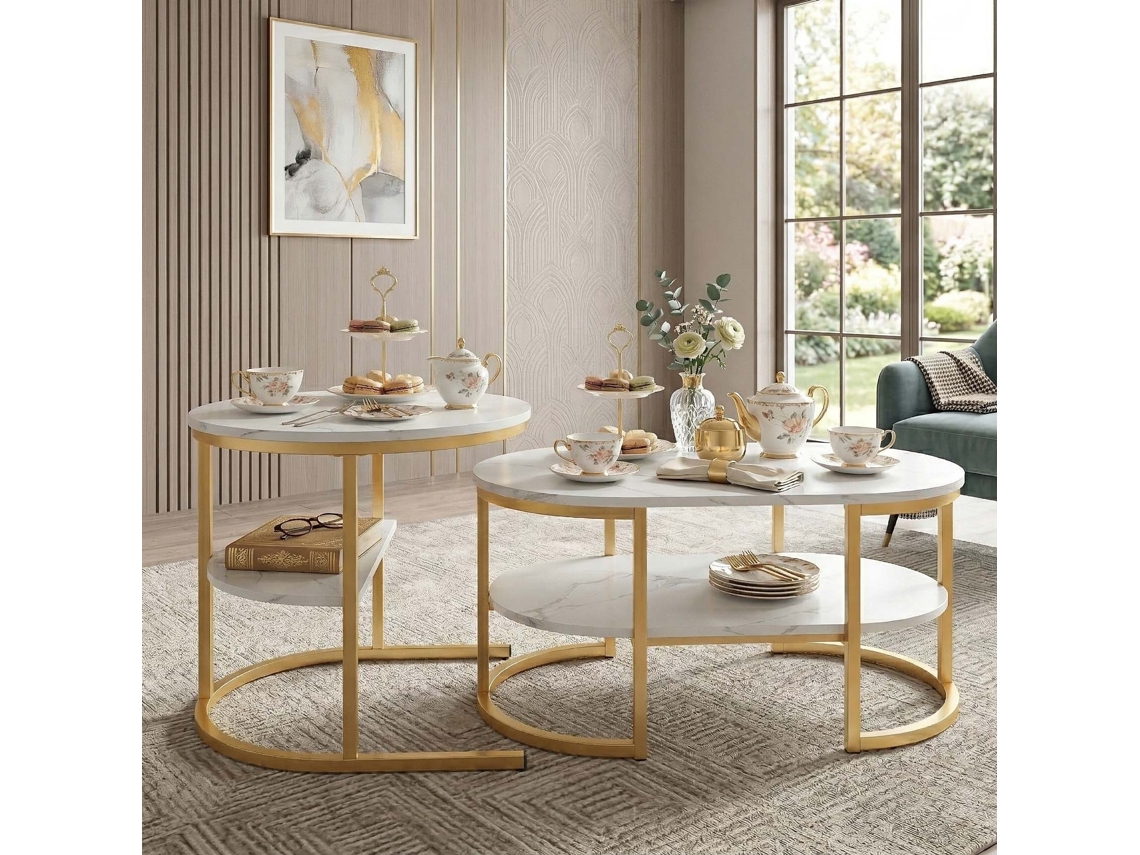 Lazyspace - Juego De 2 Mesas De Centro De Mármol Y Metal Dorado, Mesas Nido Modernas Para Salón, Diseño Elegante Y Robusto, 80x46x41 Cm / 52x51 Cm