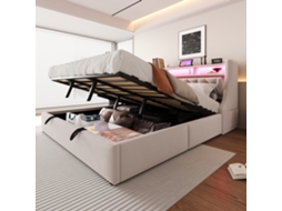 Polsterbett 180x200 Cm Com Armazenamento Hidráulico Led Bege Veludo