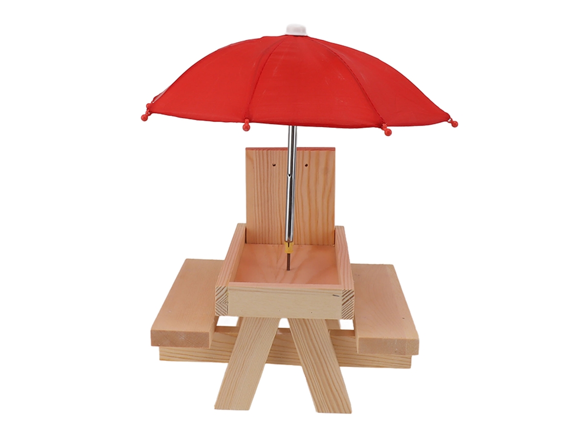 Mesa Comedouro de Pinho para Esquilos com Guarda Chuva Vermelha e Bancos Estável