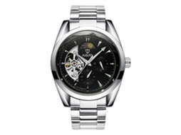 Relógio masculino Nary Fashion, aço luminoso, resistente à água, pulseira prateada, mostrador preto.