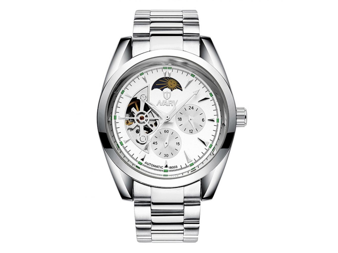 Relógio masculino Nary Fashion, em aço inoxidável, resistente à água, com pulseira (caixa prateada, mostrador branco)