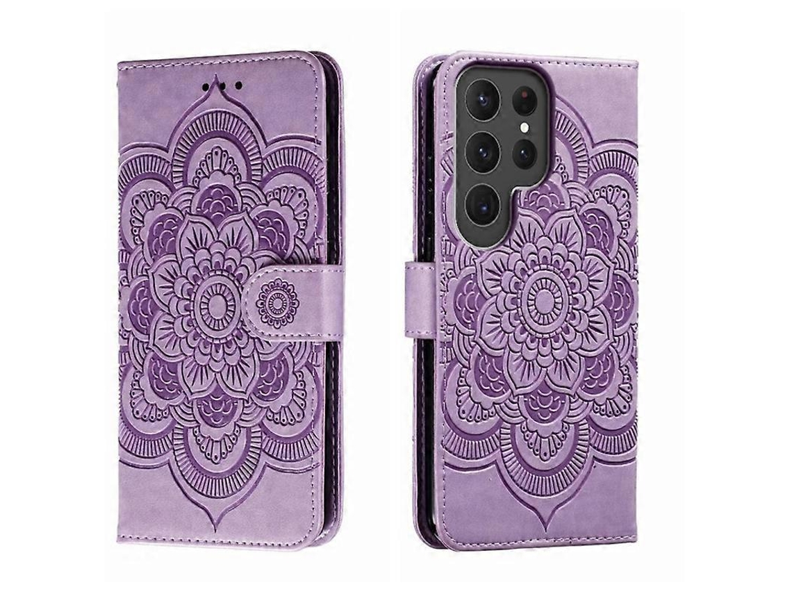 Capa De Couro Para Celular Samsung Galaxy S23 Ultra 5g Com Estampa De Mandala Solar Em Relevo