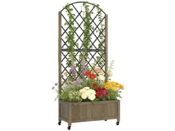 Vaso com treliça de aço, caixa de flores com rodas de madeira, acabamento carbonizado, 72x36x168cm