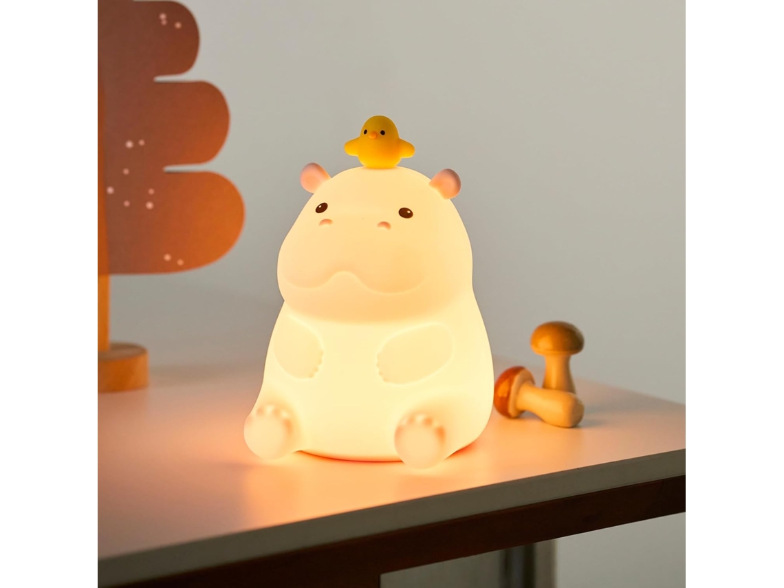 Abajur Fofo em Formato de Hipopótamo, Luminária em Silicone, Recarregável, com Dois Níveis de Intensidade Luz BRILVIBERA