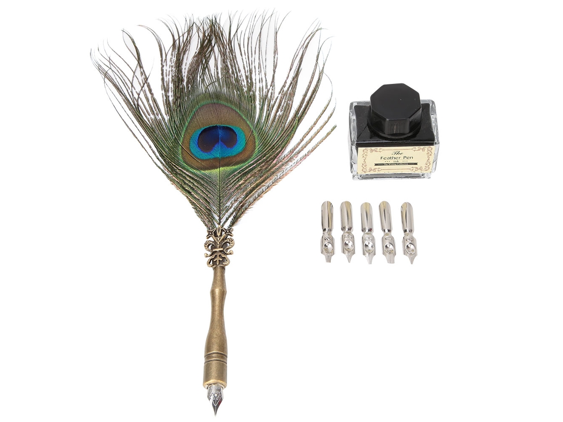 Conjunto Caneta Pluma Pavão Caligrafia 5 Pontas Presente