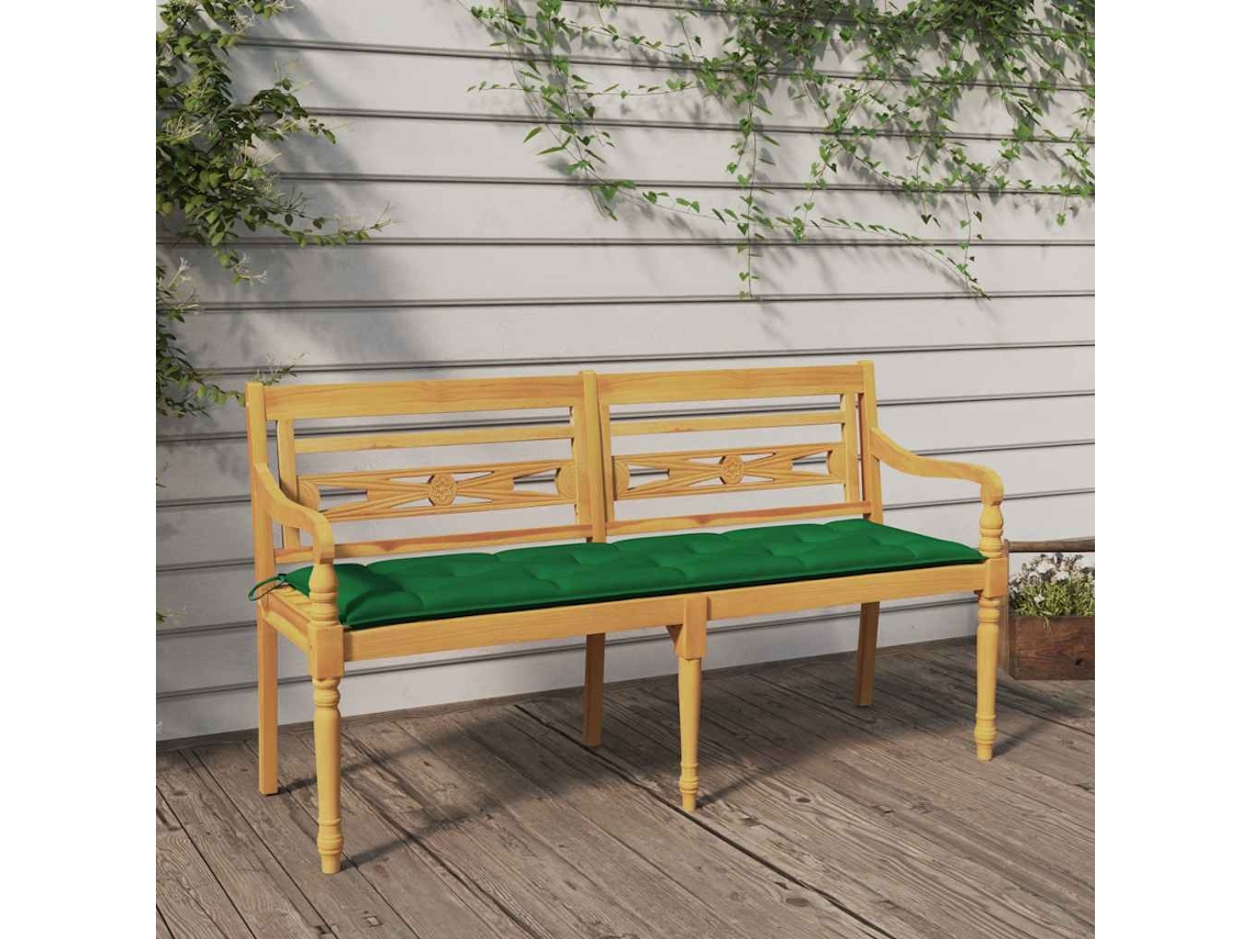 Vidaxl Banco Batavia C/ Almofadão Verde 150 Cm Madeira De Teca Maciça