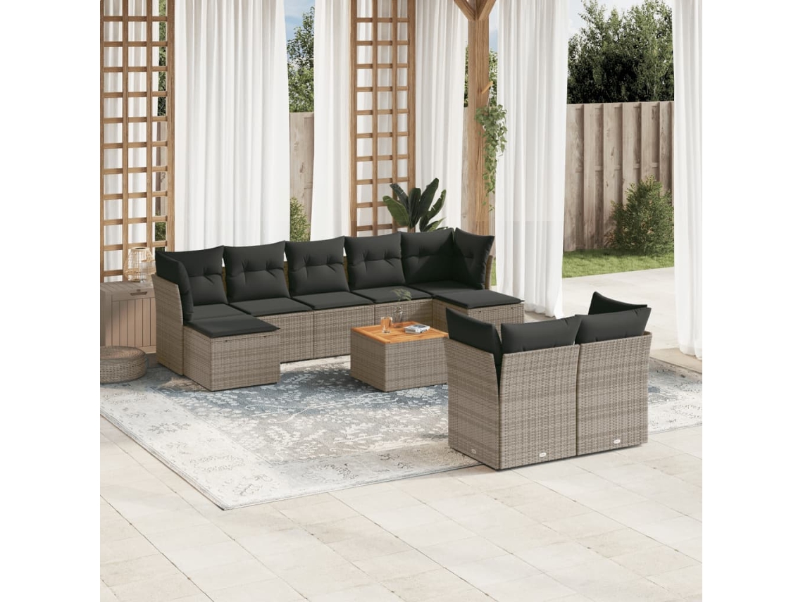 Vidaxl 10 Pcs Conjunto Sofás De Jardim C/ Almofadões Vime Pe Cinzento