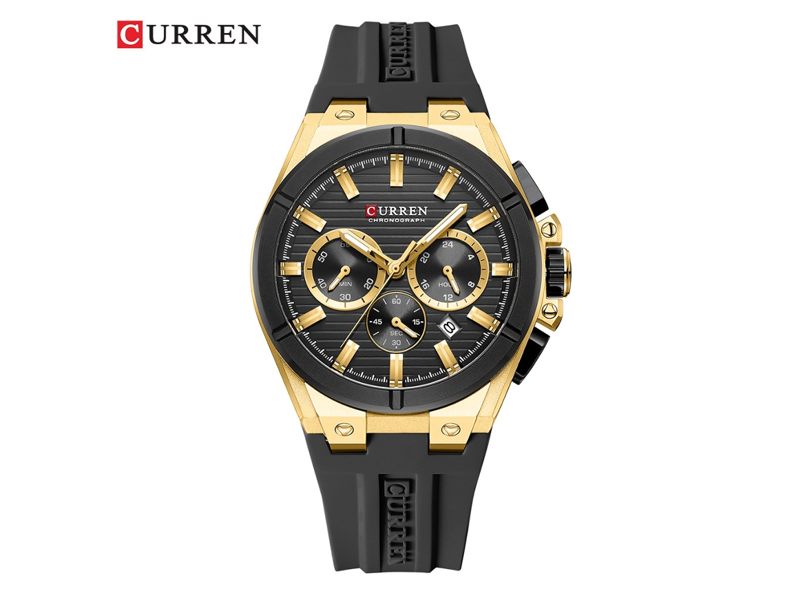 Relógio Masculino, Seis Ponteiros, Cronógrafo de Quartzo, Relógio Esportivo MDUG (pulseira Preta, Caixa Dourada, Mostrador Preto)