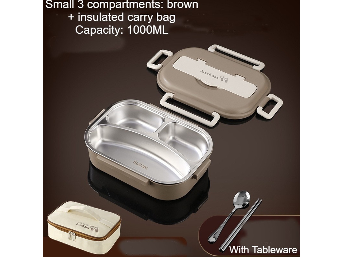 Lancheira Bento À Prova de Vazamentos para Adultos Três Grades Marrom 1000Ml Talheres e Bolsa de Aquecimento-1000Ml LUUCOZK
