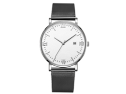 Relógio de pulso mecânico masculino, corpo esportivo prateado, pulseira preta, mostrador branco.