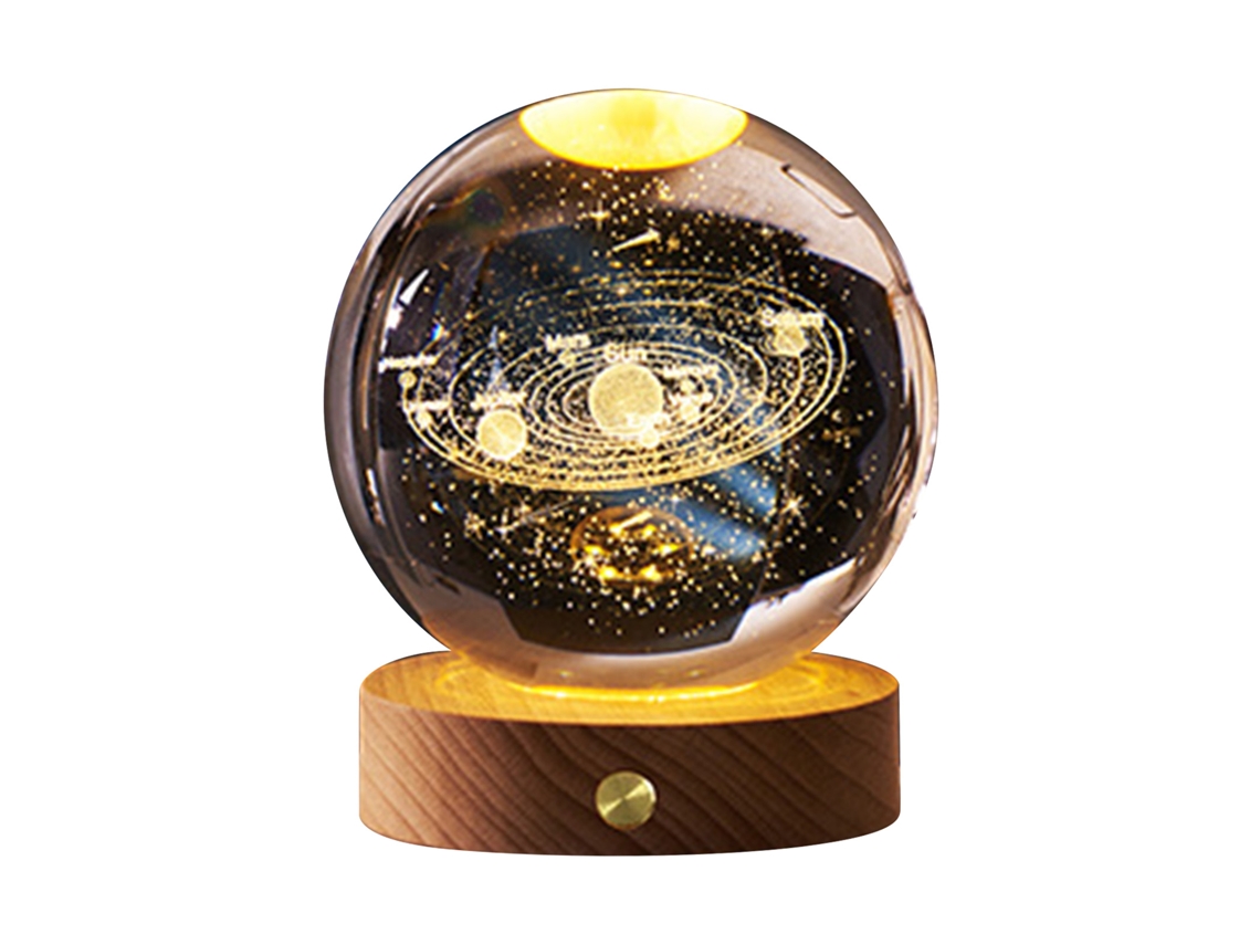 Luz Noturna de Bola de Cristal 3d com Base de Madeira, Recarregável, para Quarto, Casa, Solar System