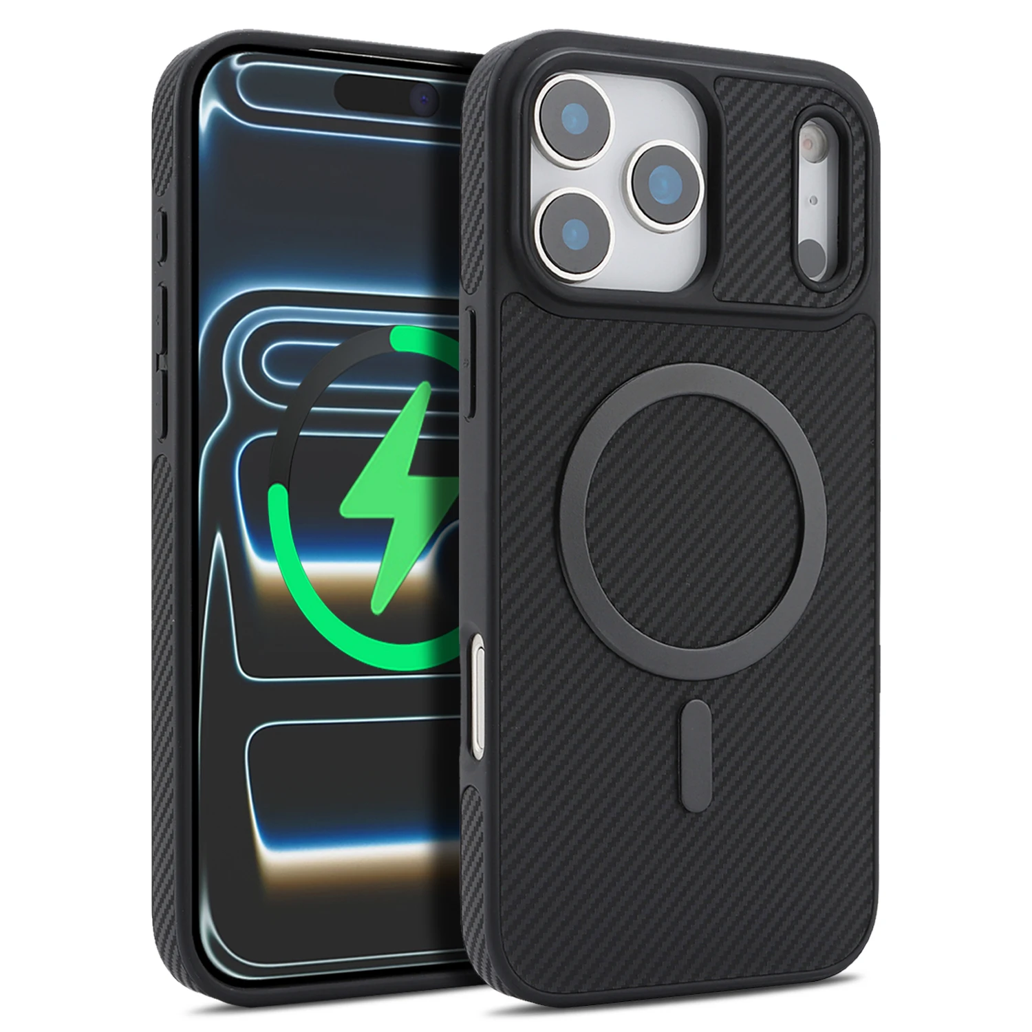 Capa Para Iphone 14 Pro Max Preta Em Couro Com Fibra De Carbono, Magnética E Ultrafina.