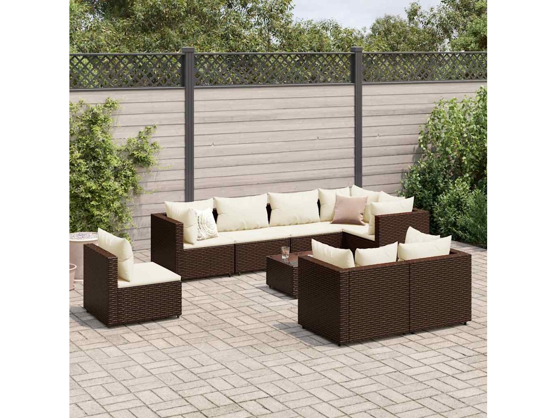 Vidaxl 9 Pcs Conjunto Lounge De Jardim C/ Almofadões Vime Pe Castanho