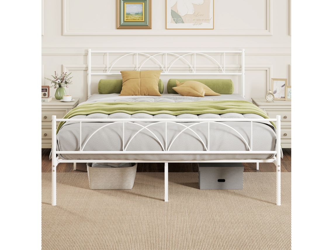 Cama de Casal com Cabeceira Ripas Aço e Espaço Arrumação Debaixo da Leito Carga 330 Kg 161.5x208x98 Cm Branca