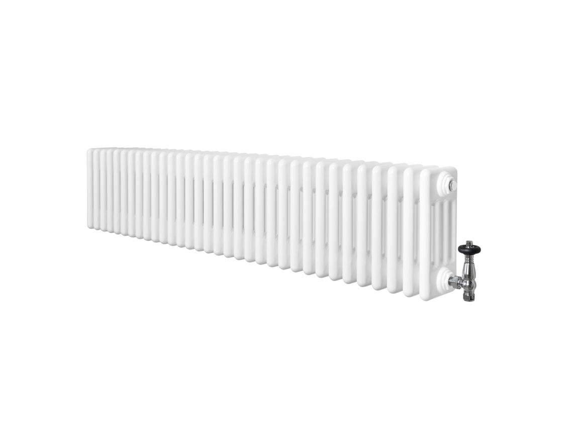 Radiador Tradicional 4 Colunas 300x1505 Mm Branco 1672 w + Válvulas Termostáticas Cromadas – Aço Carbono, Suportes