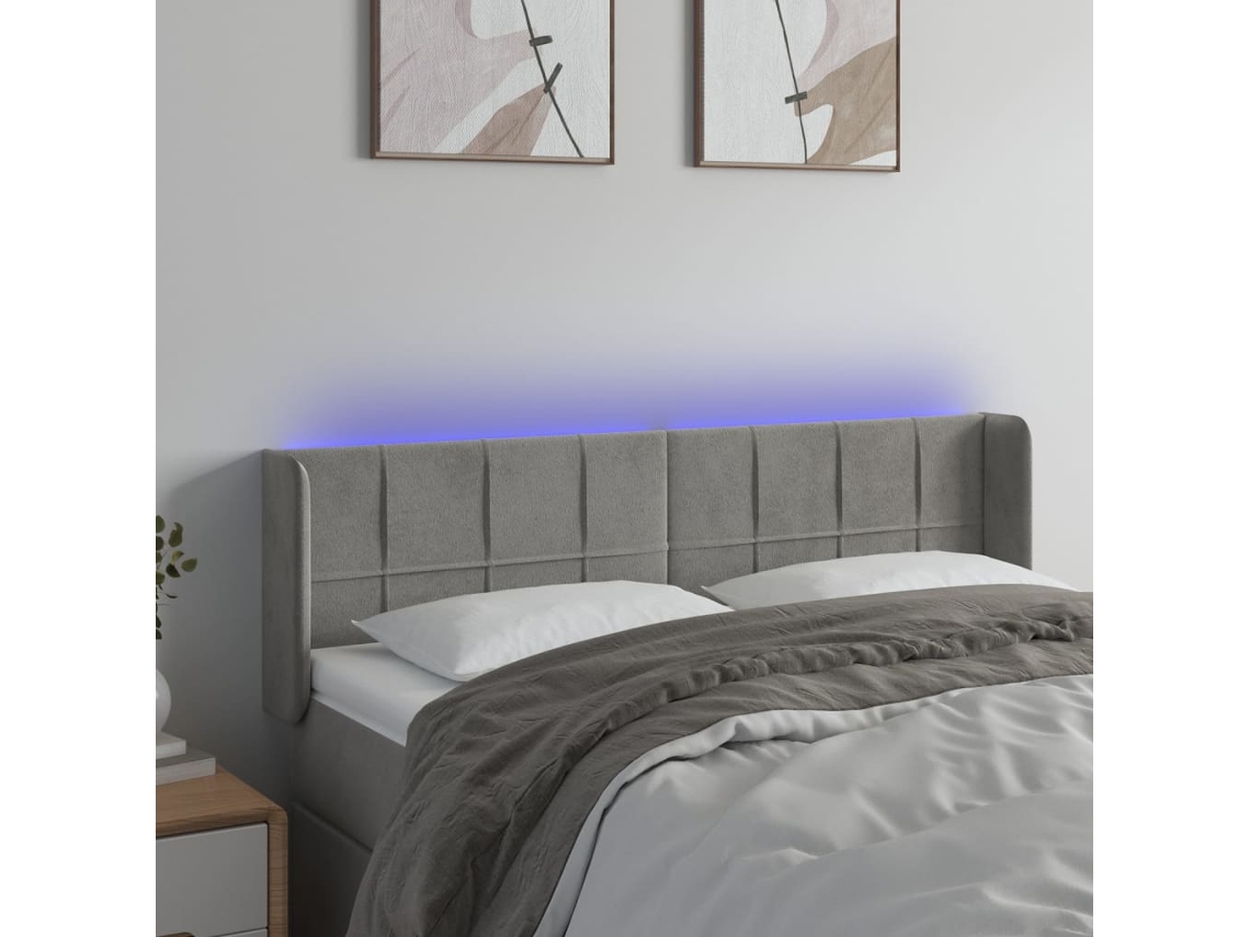 Vidaxl Cabeceira Cama C/ Luzes Led Veludo 147x16x78/88 Cm Cinza-claro