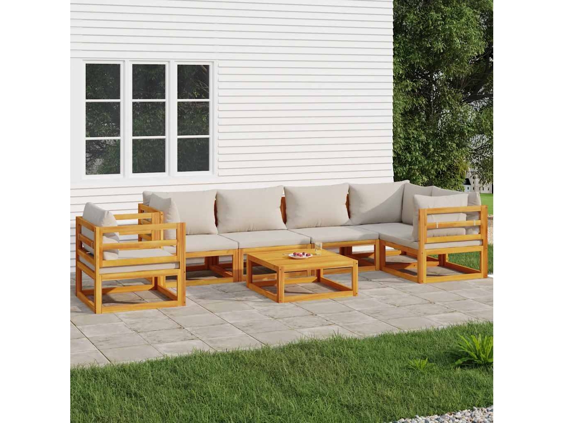 Vidaxl 7pcs Conjunto Lounge De Jardim Madeira C/almofadões Cinza-claro