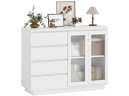 Buffet Moderno Mdf, Aparador Com 4 Gavetas E 2 Portas De Vidro, Acabamento Branco