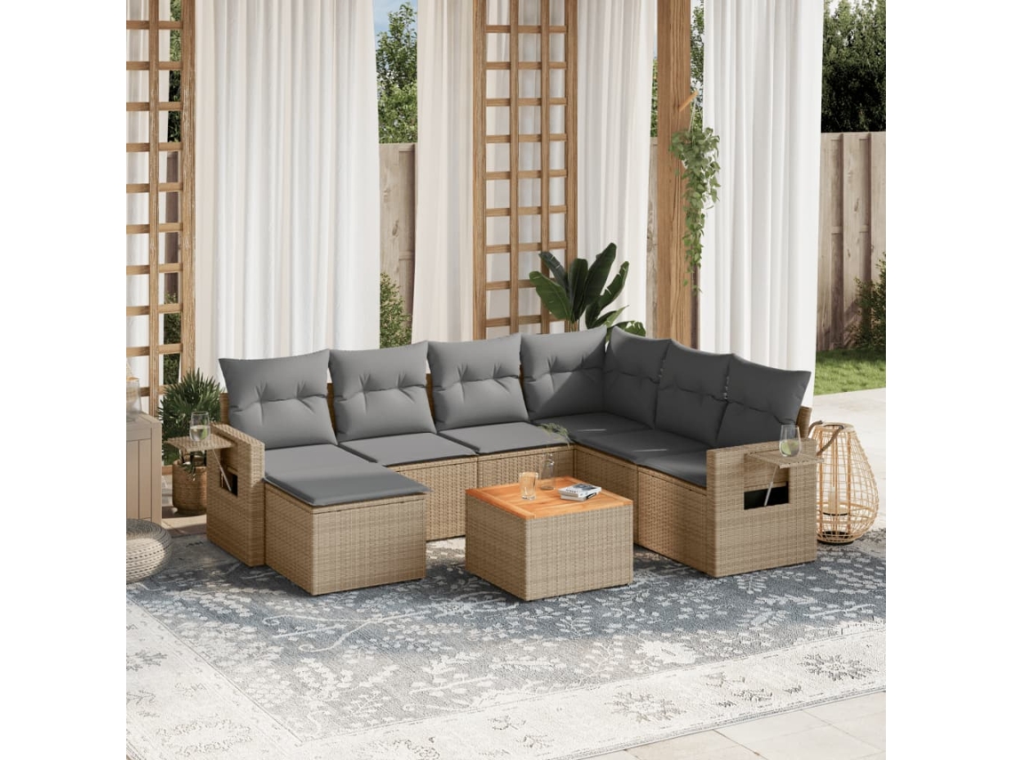 Vidaxl 8 Pcs Conjunto De Sofás P/ Jardim Com Almofadões Vime Pe Bege