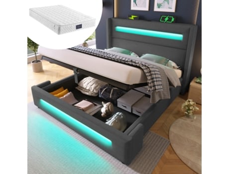 Cama Casal 160x200 Com Led, Armazenamento Hidráulico, Usb, Estrutura De Metal Com Ripas, Linho Cinza