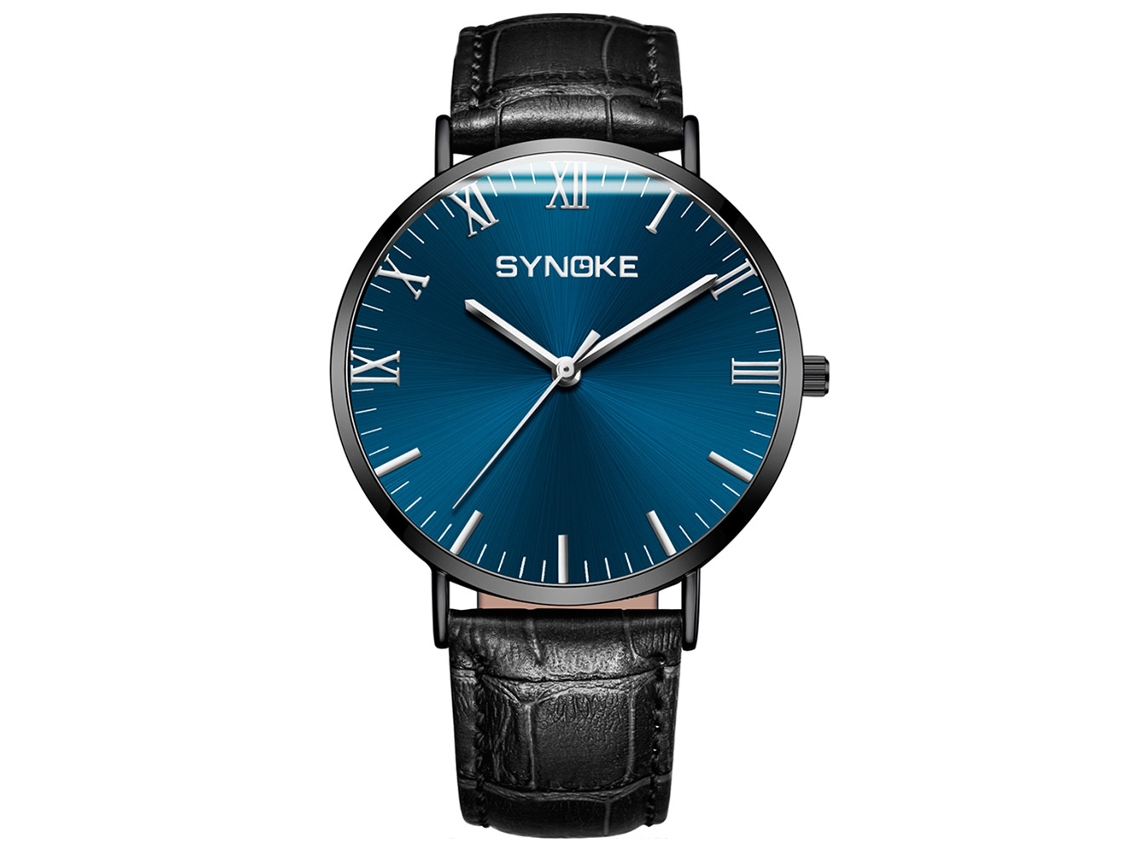 Relógio de quartzo analógico masculino Synoke com mostrador redondo em aço inoxidável, modelo 9106.