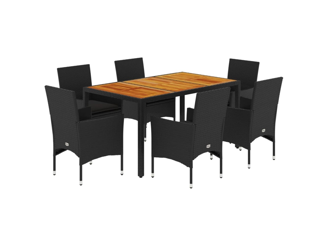 Conjunto de 7 Jantar Jardim com Almofadões Vime Pe/acácia Preto MAISON EXCLUSIVE