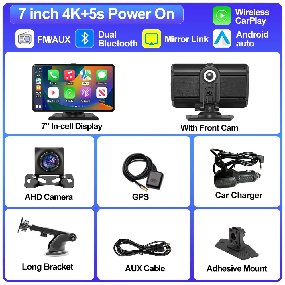 (dvr-gps-ahd) Dvr Para Carro, Tela De 7 Polegadas 4k Com Carplay Sem Fio E Gps De Lente Dupla