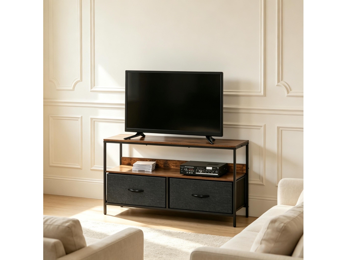 Móvel Para Tv Industrial Preto, 98 X 29 X 56 Cm, 2 Gavetas Rebatíveis E Prateleira, Para Tvs Até 47 Polegadas