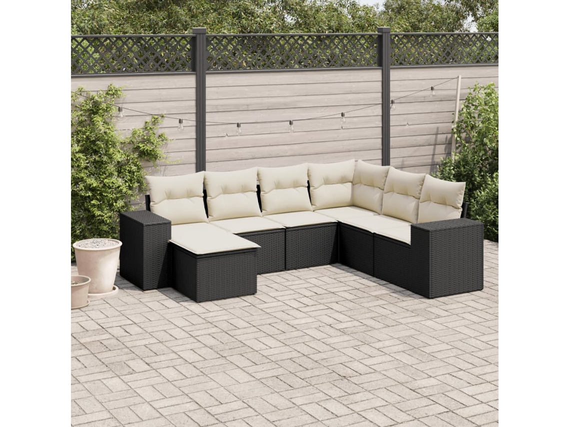 Vidaxl 7 Pcs Conjunto De Sofás P/ Jardim C/ Almofadões Vime Pe Preto