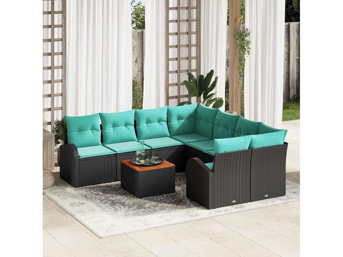 Vidaxl Conjunto De Sofá De Jardim 9 Unid. Preto E Turquesa Vime Pe