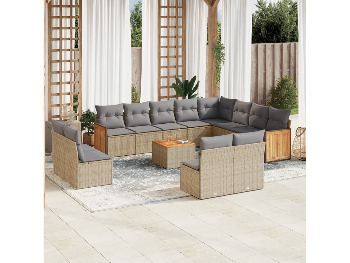 Vidaxl 13 Pcs Conjunto De Sofás P/ Jardim Com Almofadões Vime Pe Bege